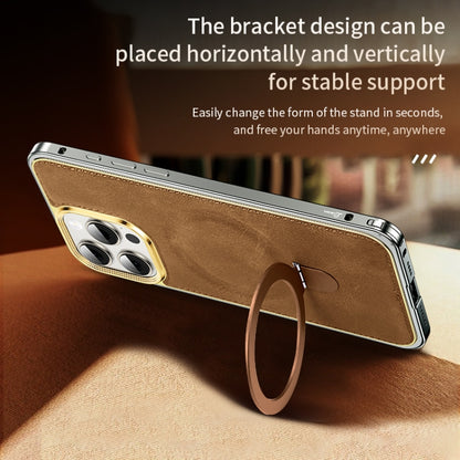 For iPhone 15 Pro Metal Frame Oil Wax Leather MagSafe Phone Case with Spring Buckle Stand(Grey) - iPhone 15 Pro Cases by buy2fix | Online Shopping UK | buy2fix