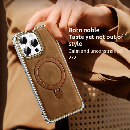 For iPhone 15 Pro Metal Frame Oil Wax Leather MagSafe Phone Case with Spring Buckle Stand(Grey) - iPhone 15 Pro Cases by buy2fix | Online Shopping UK | buy2fix