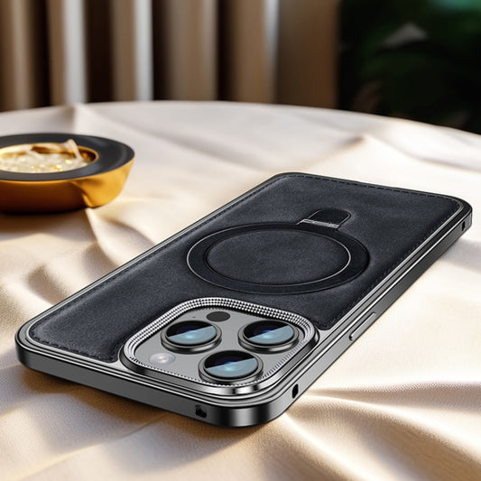 For iPhone 15 Pro Metal Frame Oil Wax Leather MagSafe Phone Case with Spring Buckle Stand(Black) - iPhone 15 Pro Cases by buy2fix | Online Shopping UK | buy2fix