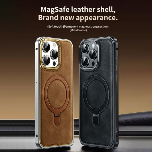 For iPhone 15 Pro Metal Frame Oil Wax Leather MagSafe Phone Case with Spring Buckle Stand(Black) - iPhone 15 Pro Cases by buy2fix | Online Shopping UK | buy2fix