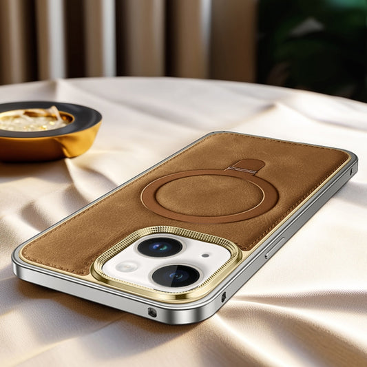 For iPhone 15 Metal Frame Oil Wax Leather MagSafe Phone Case with Spring Buckle Stand(Brown) - iPhone 15 Cases by buy2fix | Online Shopping UK | buy2fix
