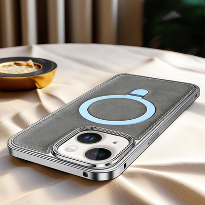 For iPhone 15 Metal Frame Oil Wax Leather MagSafe Phone Case with Spring Buckle Stand(Grey) - iPhone 15 Cases by buy2fix | Online Shopping UK | buy2fix
