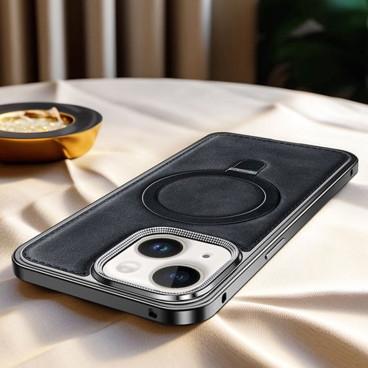 For iPhone 15 Metal Frame Oil Wax Leather MagSafe Phone Case with Spring Buckle Stand(Black) - iPhone 15 Cases by buy2fix | Online Shopping UK | buy2fix