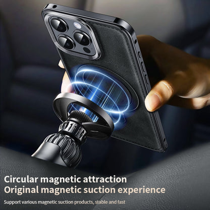 For iPhone 14 Metal Frame Oil Wax Leather MagSafe Phone Case with Spring Buckle Stand(Grey) - iPhone 14 Cases by buy2fix | Online Shopping UK | buy2fix