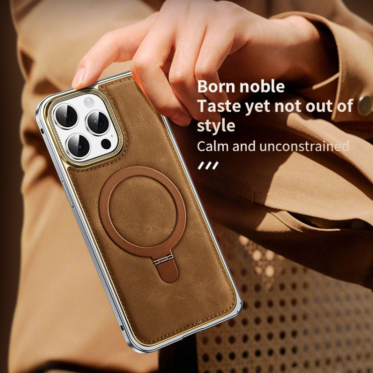 For iPhone 14 Pro Metal Frame Oil Wax Leather MagSafe Phone Case with Spring Buckle Stand(Brown) - iPhone 14 Pro Cases by buy2fix | Online Shopping UK | buy2fix
