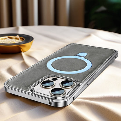 For iPhone 14 Pro Metal Frame Oil Wax Leather MagSafe Phone Case with Spring Buckle Stand(Grey) - iPhone 14 Pro Cases by buy2fix | Online Shopping UK | buy2fix