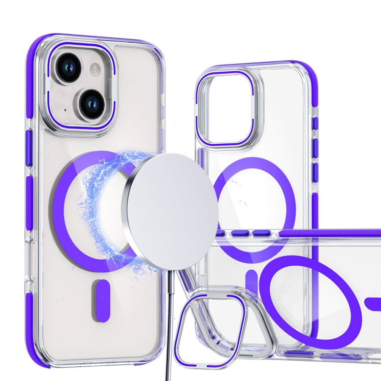 For iPhone 13 / 14 Dual-Color Clear Acrylic Hybrid TPU Lens Flip Holder MagSafe Phone Case(Purple) by buy2fix