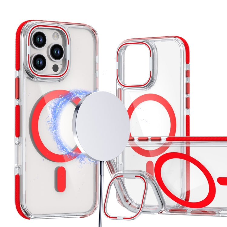 For iPhone 16 Pro Dual-Color Clear Acrylic Hybrid TPU Lens Flip Holder MagSafe Phone Case(Red) by buy2fix
