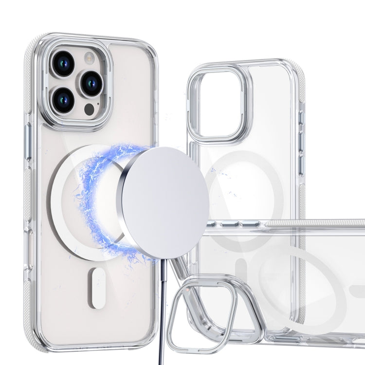 For iPhone 16 Pro Dual-Color Clear Acrylic Hybrid TPU Lens Flip Holder MagSafe Phone Case(White) by buy2fix