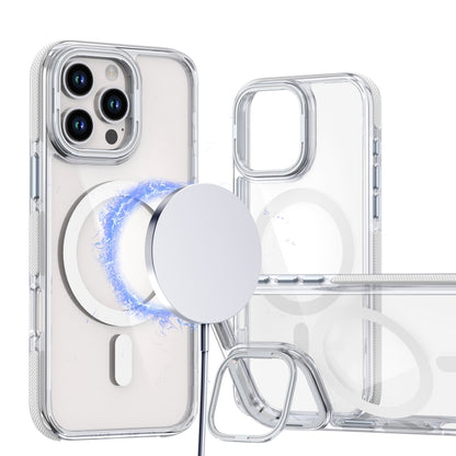 For iPhone 16 Pro Dual-Color Clear Acrylic Hybrid TPU Lens Flip Holder MagSafe Phone Case(White) by buy2fix