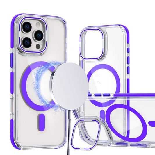 For iPhone 16 Pro Max Dual-Color Clear Acrylic Hybrid TPU Lens Flip Holder MagSafe Phone Case(Purple) by buy2fix