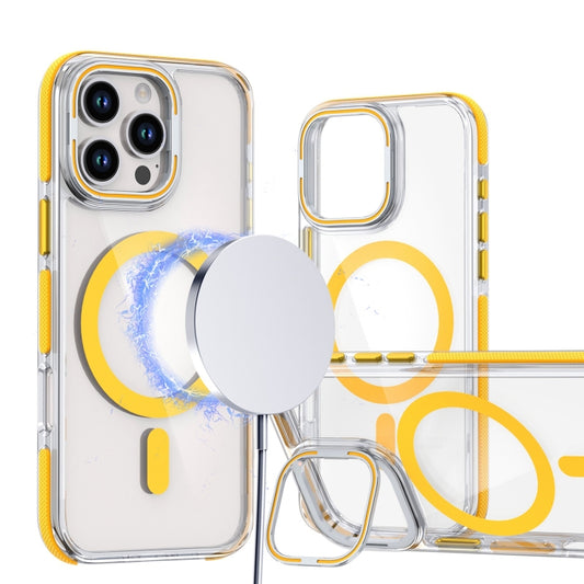 For iPhone 16 Pro Max Dual-Color Clear Acrylic Hybrid TPU Lens Flip Holder MagSafe Phone Case(Yellow) by buy2fix