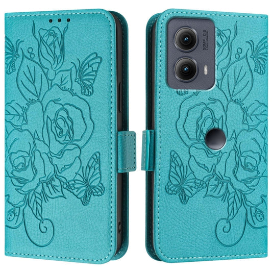 For Motorola Edge 5G 2024 Embossed Rose RFID Anti-theft Leather Phone Case(Light Blue) by buy2fix