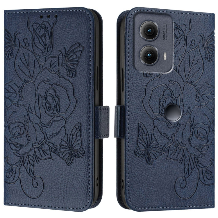 For Motorola Edge 5G 2024 Embossed Rose RFID Anti-theft Leather Phone Case(Dark Blue) by buy2fix