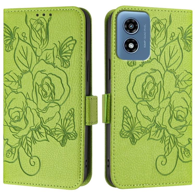 For Motorola Moto G Play 4G 2024 Embossed Rose RFID Anti-theft Leather Phone Case(Green) by buy2fix