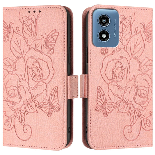 For Motorola Moto G Play 4G 2024 Embossed Rose RFID Anti-theft Leather Phone Case(Pink) by buy2fix