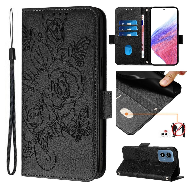 For Motorola Moto G Play 4G 2024 Embossed Rose RFID Anti-theft Leather Phone Case(Black) by buy2fix