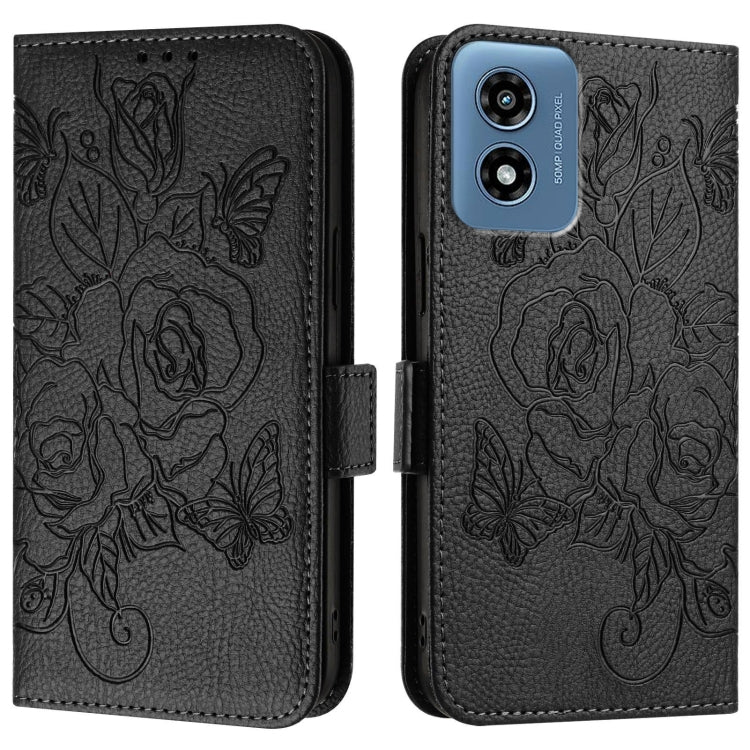 For Motorola Moto G Play 4G 2024 Embossed Rose RFID Anti-theft Leather Phone Case(Black) by buy2fix