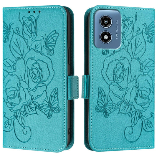For Motorola Moto G Play 5G / G 5G 2024 Embossed Rose RFID Anti-theft Leather Phone Case(Light Blue) by buy2fix