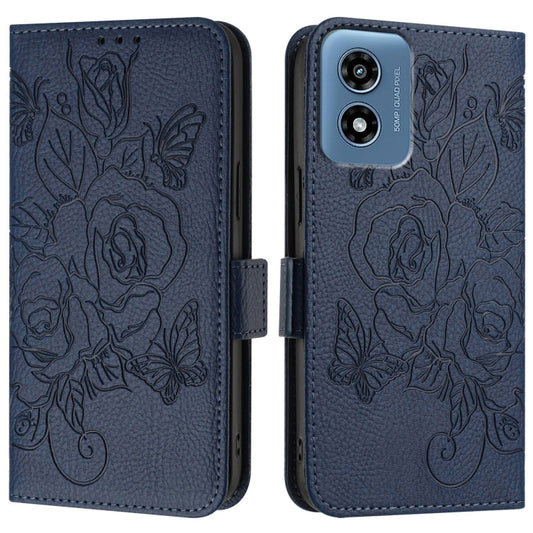 For Motorola Moto G Play 5G / G 5G 2024 Embossed Rose RFID Anti-theft Leather Phone Case(Dark Blue) by buy2fix
