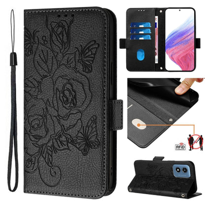 For Motorola Moto G Play 5G / G 5G 2024 Embossed Rose RFID Anti-theft Leather Phone Case(Black) by buy2fix