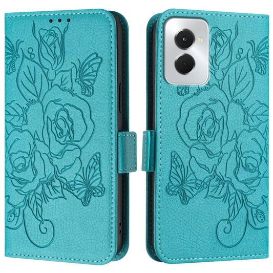 For Motorola Moto G Power 5G 2024 Embossed Rose RFID Anti-theft Leather Phone Case(Light Blue) by buy2fix