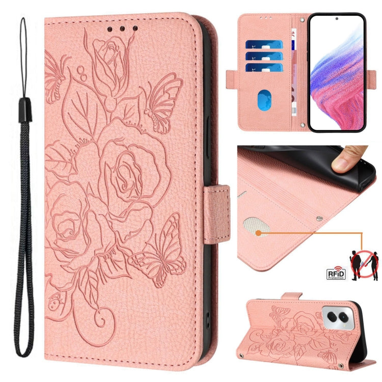 For Motorola Moto G Power 5G 2024 Embossed Rose RFID Anti-theft Leather Phone Case(Pink) by buy2fix