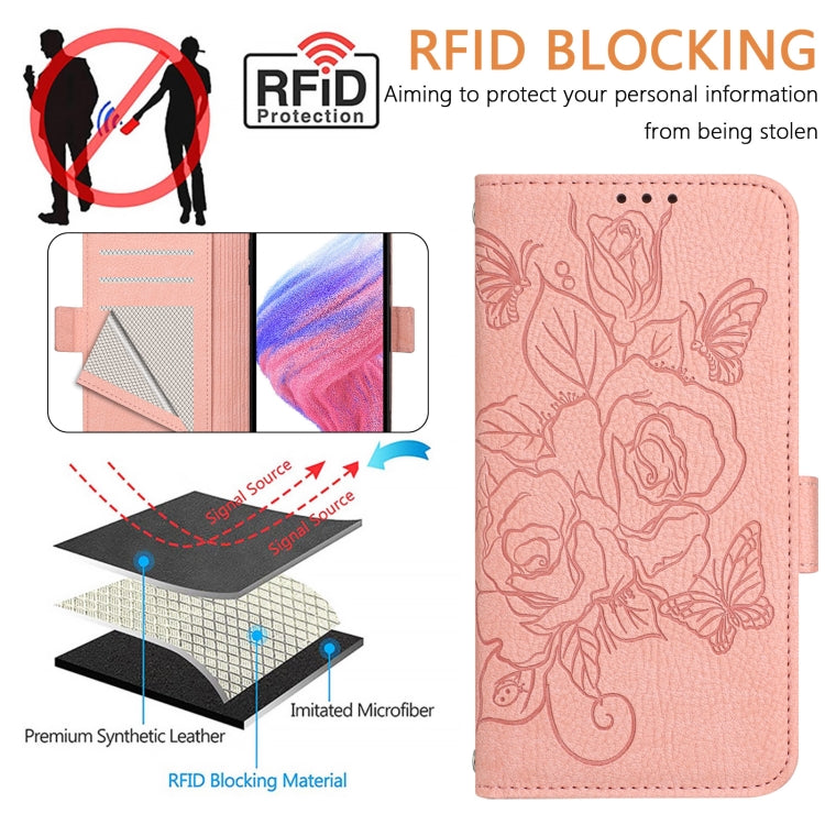 For Motorola Moto G Power 5G 2024 Embossed Rose RFID Anti-theft Leather Phone Case(Pink) by buy2fix