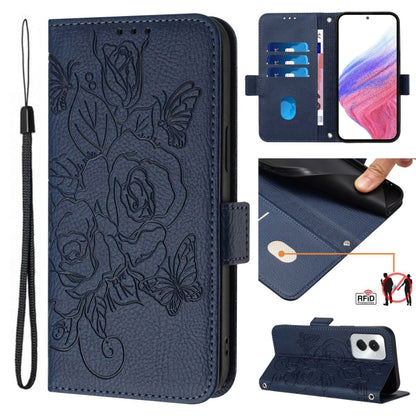 For Motorola Moto G Power 5G 2024 Embossed Rose RFID Anti-theft Leather Phone Case(Dark Blue) by buy2fix