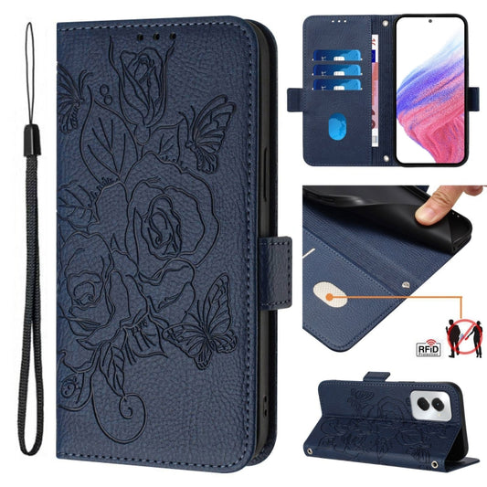 For Motorola Moto G Power 5G 2024 Embossed Rose RFID Anti-theft Leather Phone Case(Dark Blue) by buy2fix