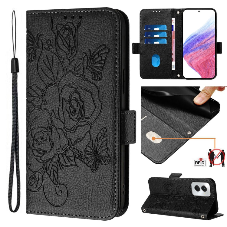For Motorola Moto G Power 5G 2024 Embossed Rose RFID Anti-theft Leather Phone Case(Black) by buy2fix