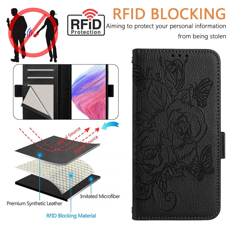 For Motorola Moto G Power 5G 2024 Embossed Rose RFID Anti-theft Leather Phone Case(Black) by buy2fix