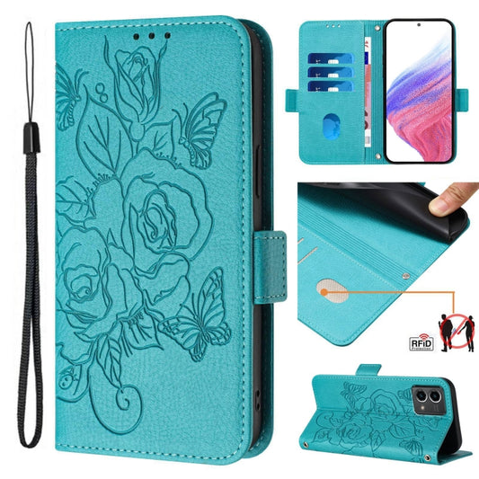 For Motorola Moto G Stylus 5G 2024 Embossed Rose RFID Anti-theft Leather Phone Case(Light Blue) by buy2fix