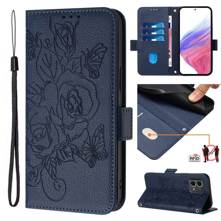 For Motorola Moto G Stylus 5G 2024 Embossed Rose RFID Anti-theft Leather Phone Case(Dark Blue) by buy2fix