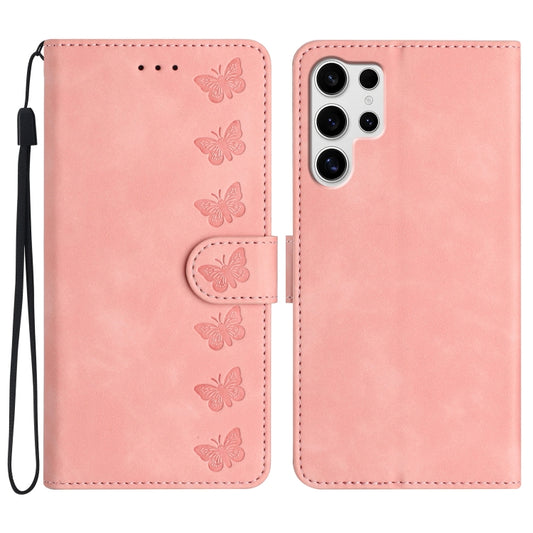 For Samsung Galaxy S25 Ultra 5G Seven Butterflies Embossed Leather Phone Case(Pink) by buy2fix