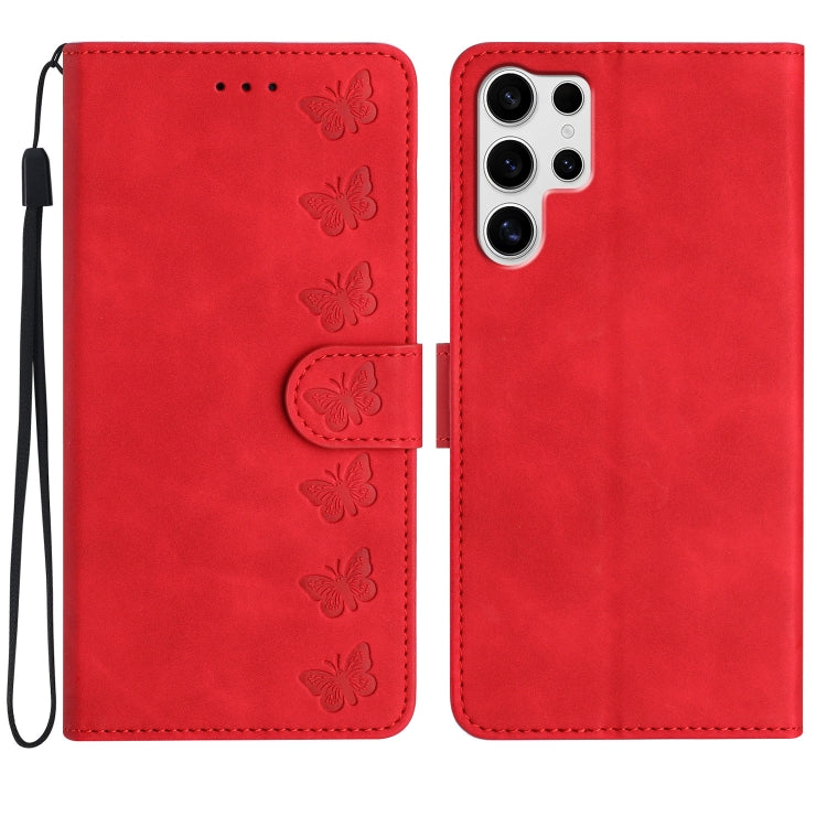 For Samsung Galaxy S25 Ultra 5G Seven Butterflies Embossed Leather Phone Case(Red) by buy2fix