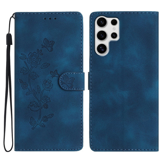 For Samsung Galaxy S25 Ultra 5G Flower Butterfly Embossing Pattern Leather Phone Case(Blue) by buy2fix