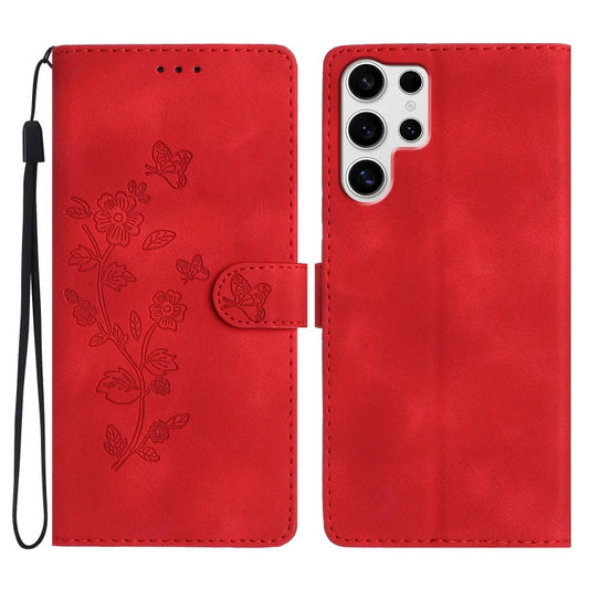 For Samsung Galaxy S25 Ultra 5G Flower Butterfly Embossing Pattern Leather Phone Case(Red) by buy2fix