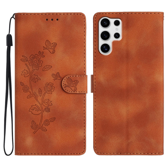 For Samsung Galaxy S25 Ultra 5G Flower Butterfly Embossing Pattern Leather Phone Case(Brown) by buy2fix