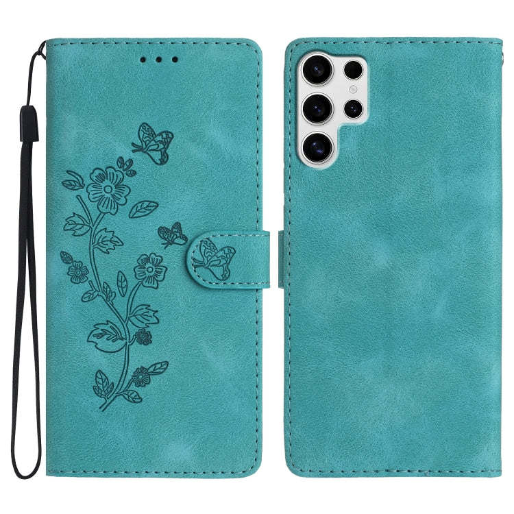 For Samsung Galaxy S25 Ultra 5G Flower Butterfly Embossing Pattern Leather Phone Case(Sky Blue) by buy2fix