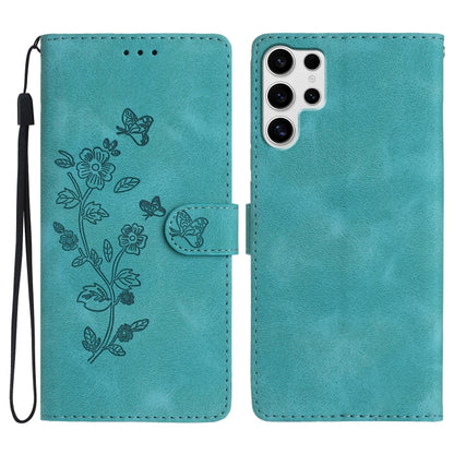 For Samsung Galaxy S25 Ultra 5G Flower Butterfly Embossing Pattern Leather Phone Case(Sky Blue) by buy2fix