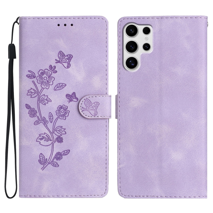 For Samsung Galaxy S25 Ultra 5G Flower Butterfly Embossing Pattern Leather Phone Case(Purple) by buy2fix