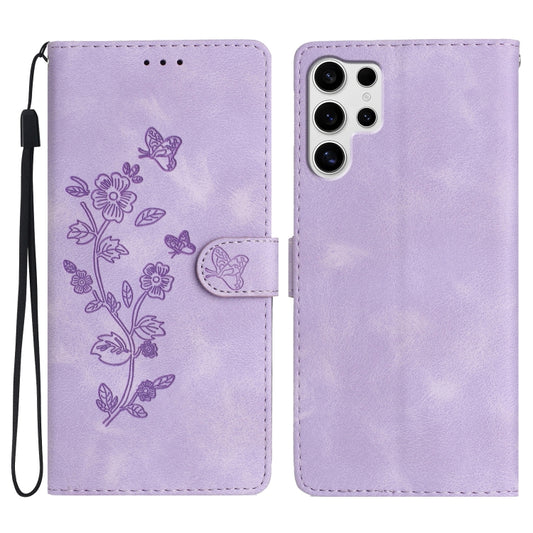 For Samsung Galaxy S25 Ultra 5G Flower Butterfly Embossing Pattern Leather Phone Case(Purple) by buy2fix