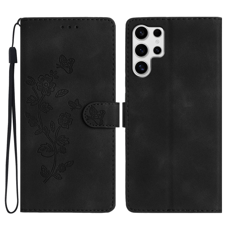 For Samsung Galaxy S25 Ultra 5G Flower Butterfly Embossing Pattern Leather Phone Case(Black) by buy2fix