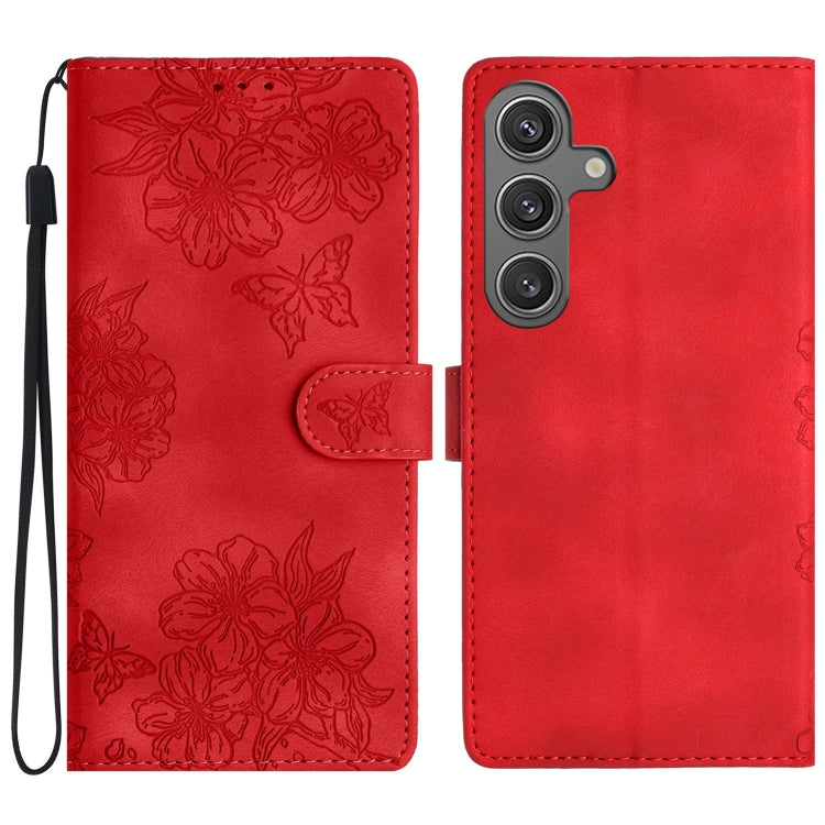 For Samsung Galaxy S25 5G Cherry Blossom Butterfly Skin Feel Embossed PU Phone Case(Red) by buy2fix