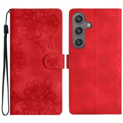 For Samsung Galaxy S25 5G Cherry Blossom Butterfly Skin Feel Embossed PU Phone Case(Red) by buy2fix