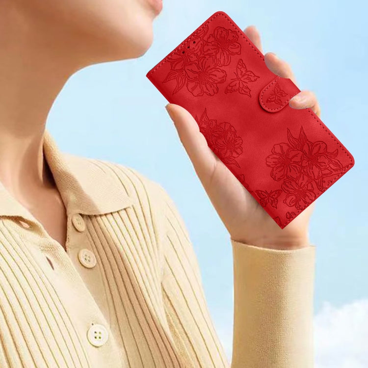 For Samsung Galaxy S25 5G Cherry Blossom Butterfly Skin Feel Embossed PU Phone Case(Red) by buy2fix