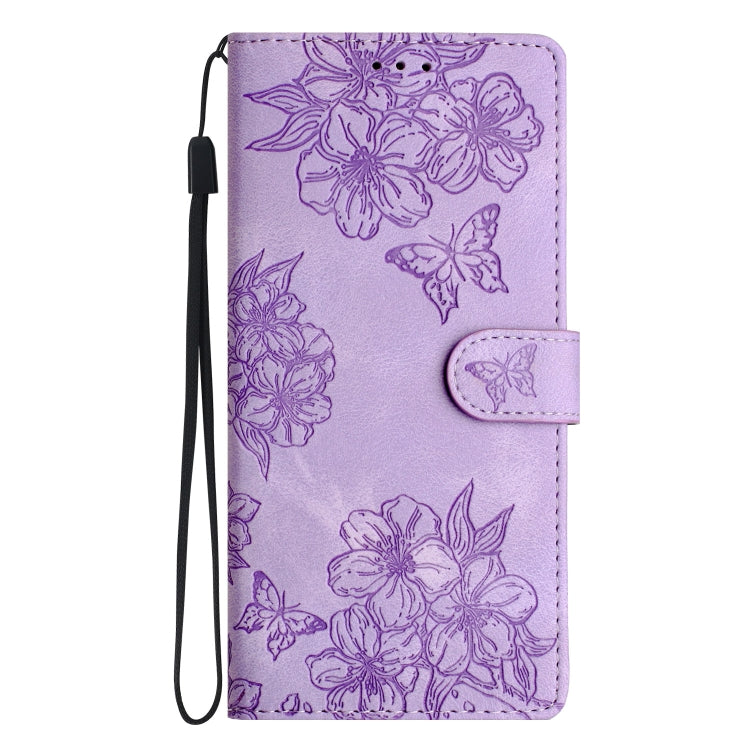 For Samsung Galaxy S25 5G Cherry Blossom Butterfly Skin Feel Embossed PU Phone Case(Purple) by buy2fix