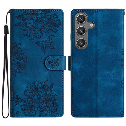 For Samsung Galaxy S25 5G Cherry Blossom Butterfly Skin Feel Embossed PU Phone Case(Blue) by buy2fix