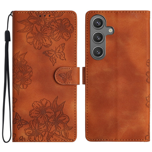 For Samsung Galaxy S25 5G Cherry Blossom Butterfly Skin Feel Embossed PU Phone Case(Brown) by buy2fix
